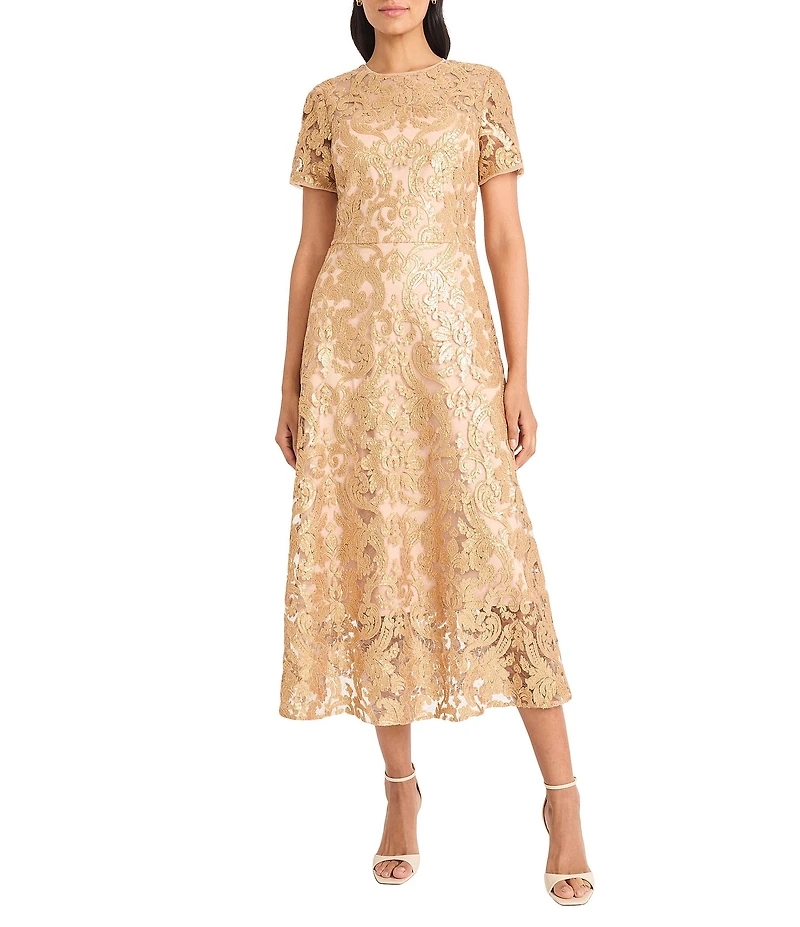 Maggy London Adorned Sequin Mesh Short Sleeve Midi Dress
