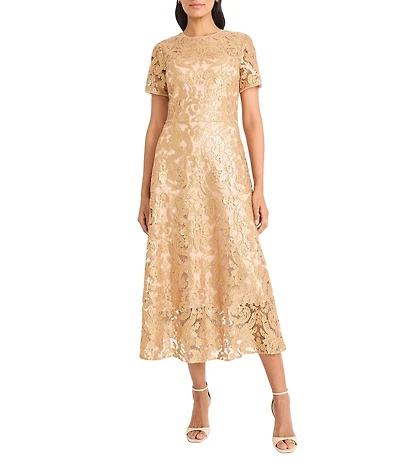 Maggy London Adorned Sequin Mesh Short Sleeve Midi Dress