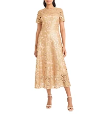 Maggy London Adorned Sequin Mesh Short Sleeve Midi Dress