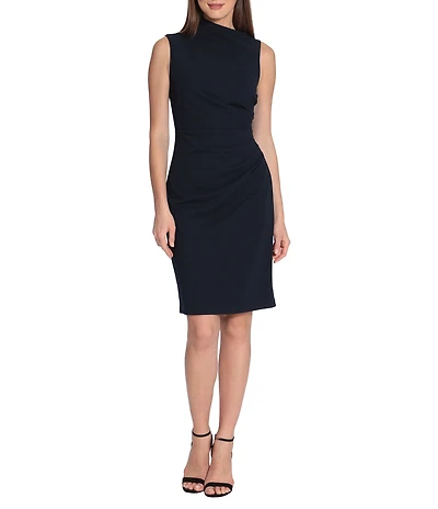 Maggy London Asymmetrical Neck Sleeveless Draped Scuba Crepe Sheath Dress