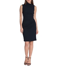 Maggy London Asymmetrical Neck Sleeveless Draped Scuba Crepe Sheath Dress