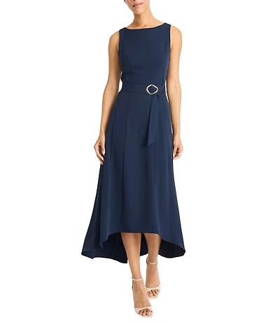Maggy London Boat Neck Sleeveless Seamed Belted Fluid Crepe High-Low Midi Dress