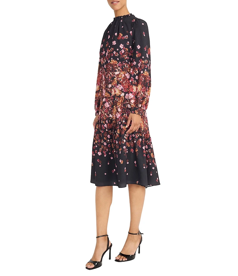 Maggy London Bubble Crepe Long Sleeve Floral Midi Dress