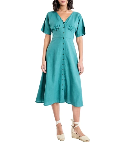 Maggy London Button Front Linen V Neck Midi Dress