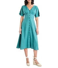 Maggy London Button Front Linen V Neck Midi Dress