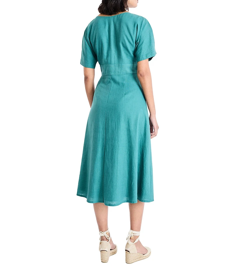 Maggy London Button Front Linen V Neck Midi Dress