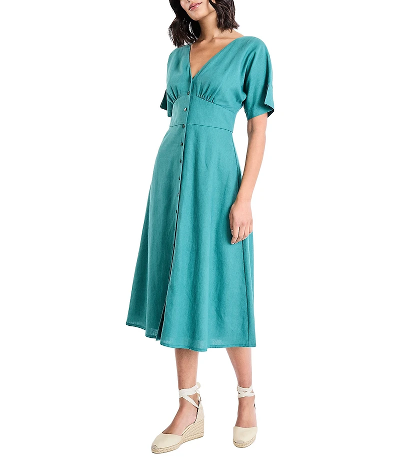 Maggy London Button Front Linen V Neck Midi Dress