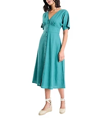 Maggy London Button Front Linen V Neck Midi Dress