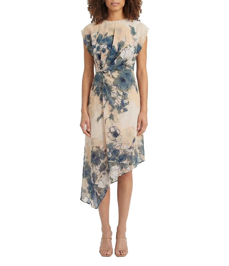 Maggy London Cap Sleeve Asymmetrical Hem Floral Print Georgette Dress