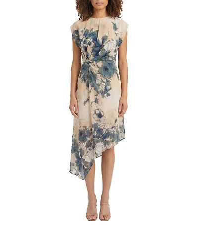 Maggy London Cap Sleeve Asymmetrical Hem Floral Print Georgette Dress