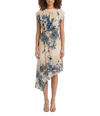 Maggy London Cap Sleeve Asymmetrical Hem Floral Print Georgette Dress