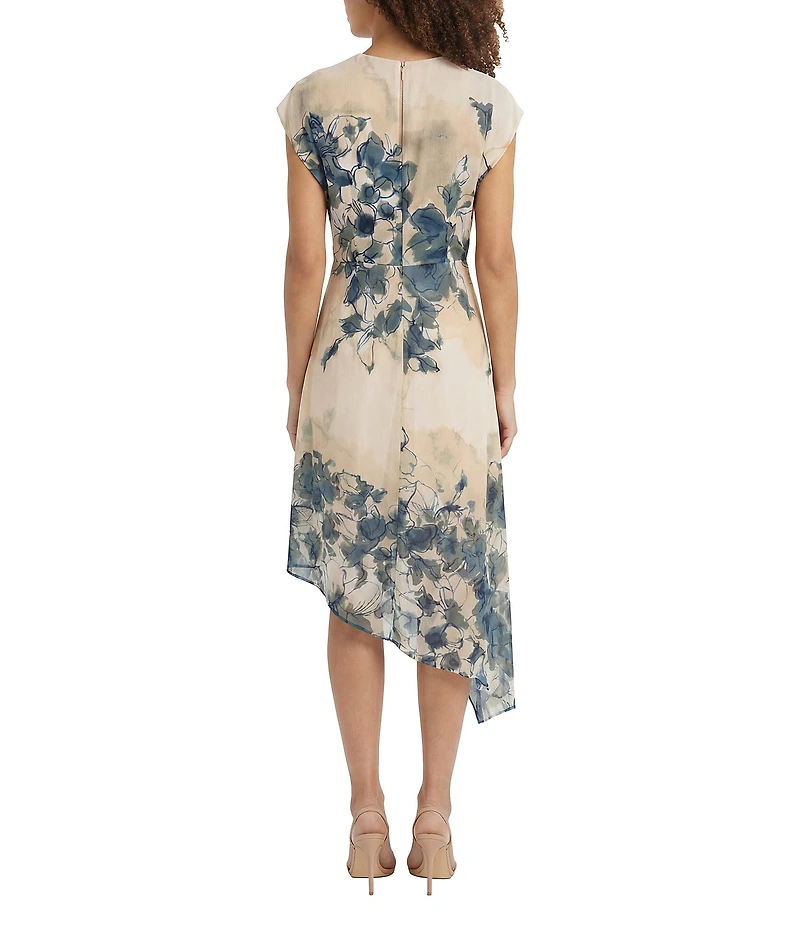 Maggy London Cap Sleeve Asymmetrical Hem Floral Print Georgette Dress