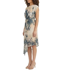 Maggy London Cap Sleeve Asymmetrical Hem Floral Print Georgette Dress