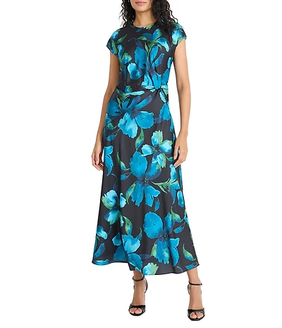 Maggy London Cap Sleeve Floral Print Waist Detail Maxi Dress