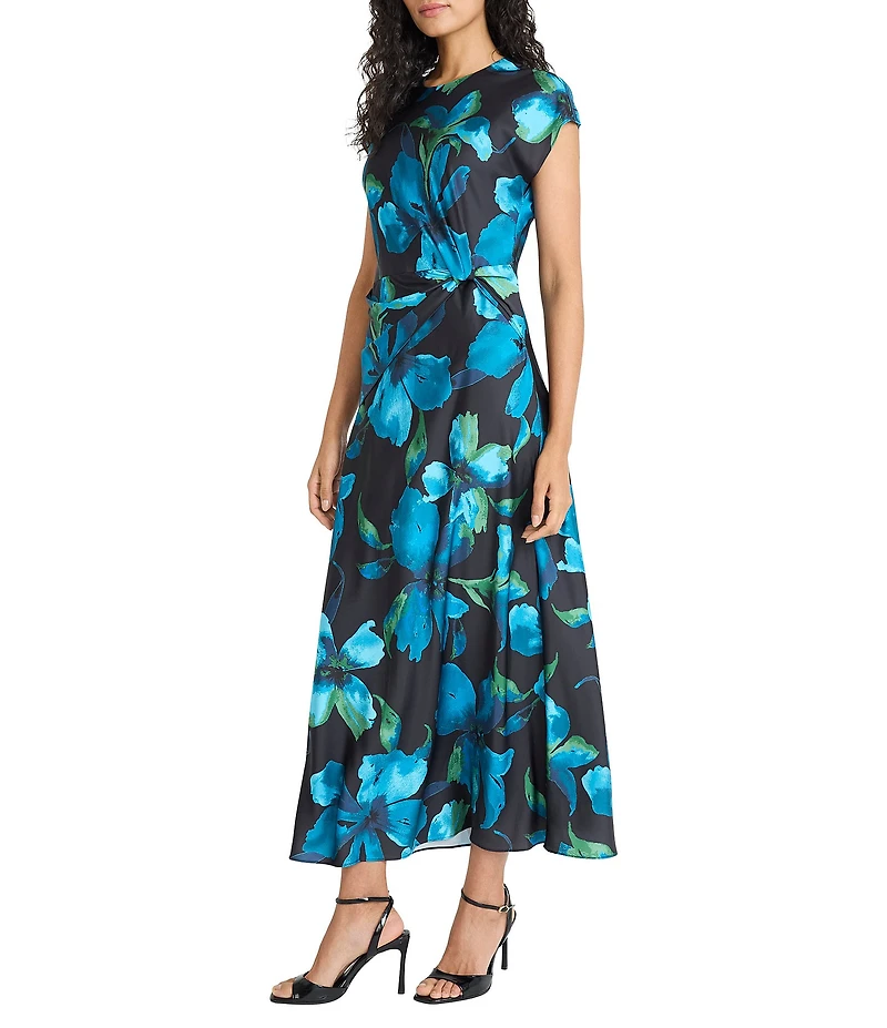 Maggy London Cap Sleeve Floral Print Waist Detail Maxi Dress