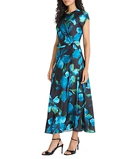 Maggy London Cap Sleeve Floral Print Waist Detail Maxi Dress
