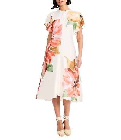 Maggy London Charmeuse Floral Print Short Sleeve V-Neck Midi Dress
