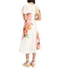 Maggy London Charmeuse Floral Print Short Sleeve V-Neck Midi Dress