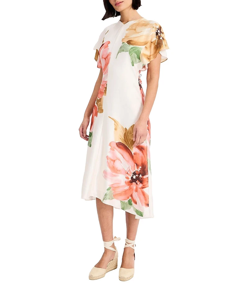 Maggy London Charmeuse Floral Print Short Sleeve V-Neck Midi Dress