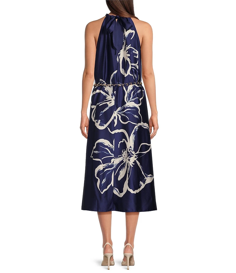 Maggy London Charmeuse Floral Print Halter Neck Sleeveless Waist Tie Blouson Midi Dess