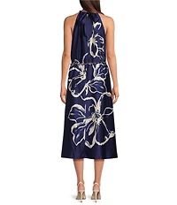 Maggy London Charmeuse Floral Print Halter Neck Sleeveless Waist Tie Blouson Midi Dess
