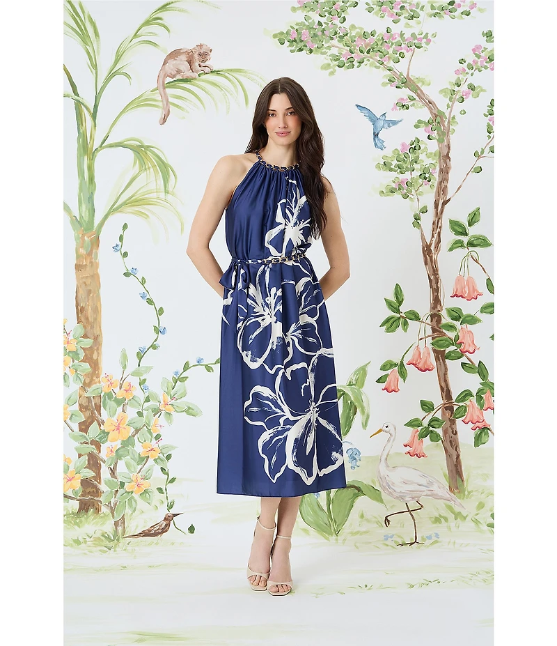 Maggy London Charmeuse Floral Print Halter Neck Sleeveless Waist Tie Blouson Midi Dess
