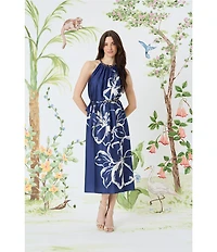 Maggy London Charmeuse Floral Print Halter Neck Sleeveless Waist Tie Blouson Midi Dess
