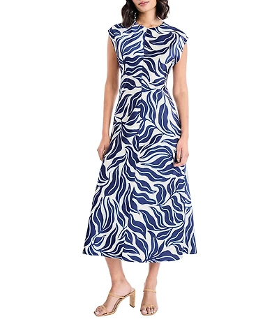 Maggy London Charmeuse Leaf Print Cap Sleeve Midi Dress