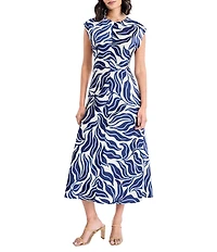 Maggy London Charmeuse Leaf Print Cap Sleeve Midi Dress