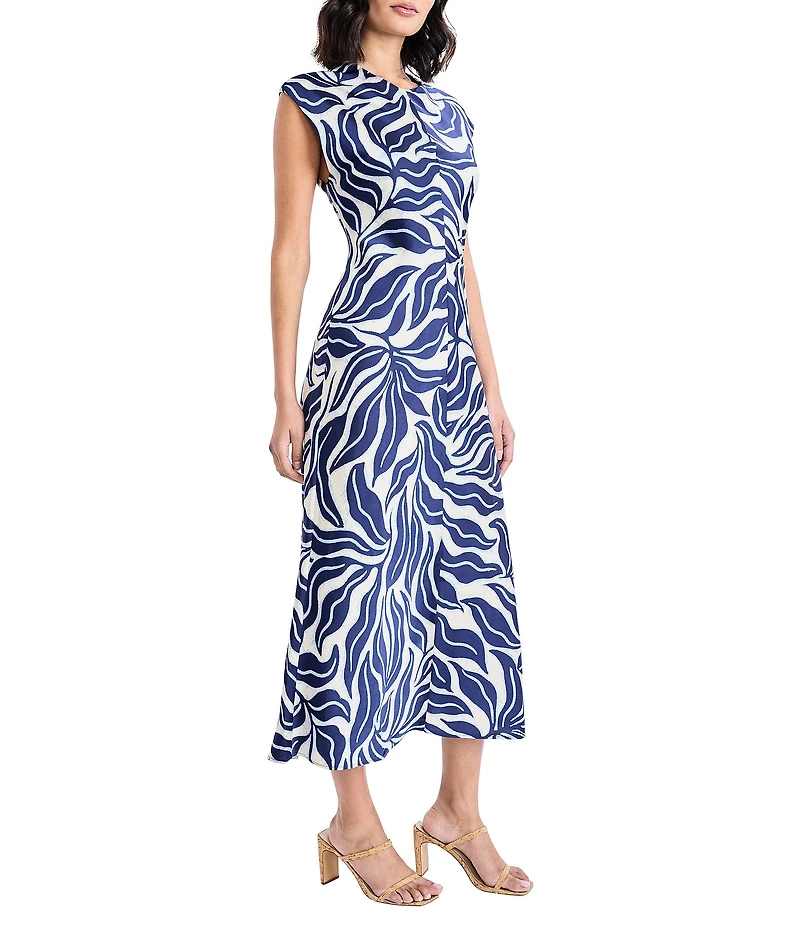 Maggy London Charmeuse Leaf Print Cap Sleeve Midi Dress