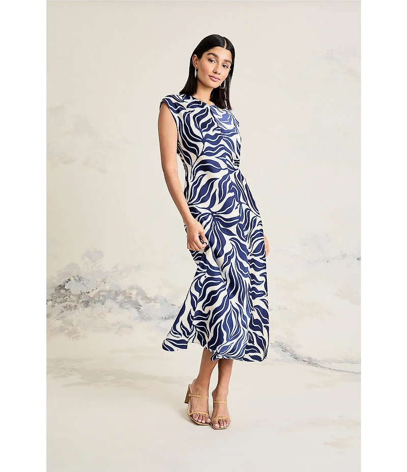 Maggy London Charmeuse Leaf Print Cap Sleeve Midi Dress