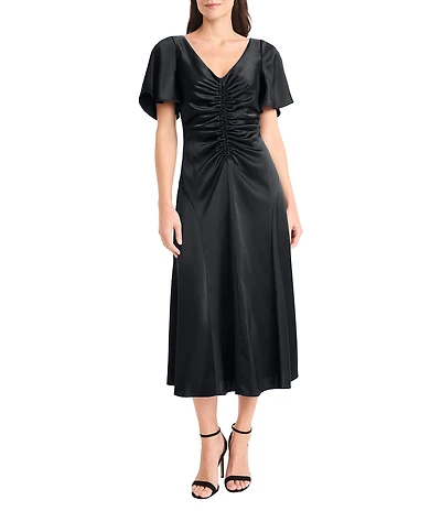 Maggy London Charmeuse V-Neck Short Sleeve Ruched Satin Midi Dress