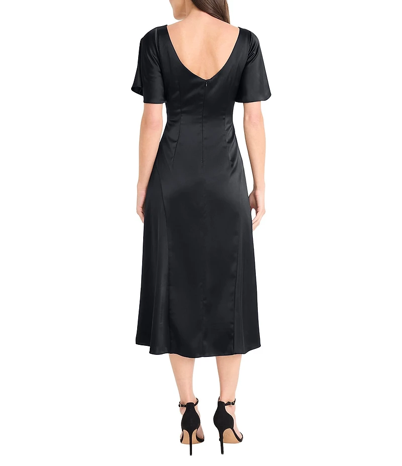 Maggy London Charmeuse V-Neck Short Sleeve Ruched Satin Midi Dress