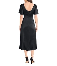Maggy London Charmeuse V-Neck Short Sleeve Ruched Satin Midi Dress
