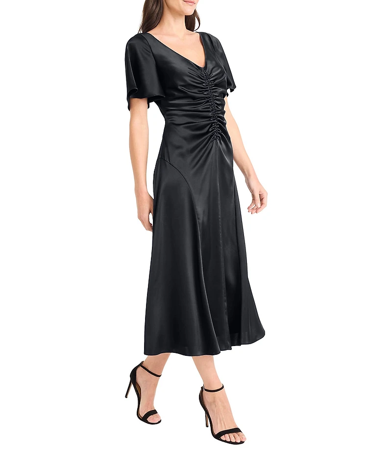 Maggy London Charmeuse V-Neck Short Sleeve Ruched Satin Midi Dress