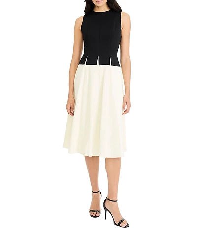 Maggy London Color Block Cotton Poplin Crew Neck Sleeveless Midi Dress