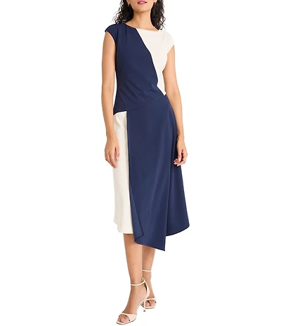 Maggy London Color Block Scuba Crepe Boat Neck Cap Sleeve Asymmetrical Midi Dress