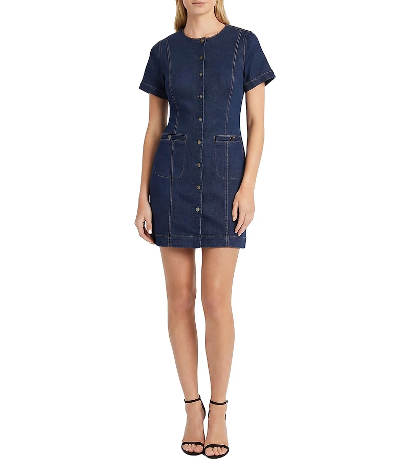 Maggy London Cotton Denim Short Sleeve Crew Neck Front Button Down Dress