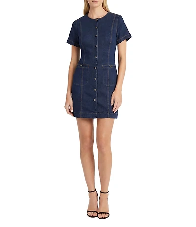 Maggy London Cotton Denim Short Sleeve Crew Neck Front Button Down Dress