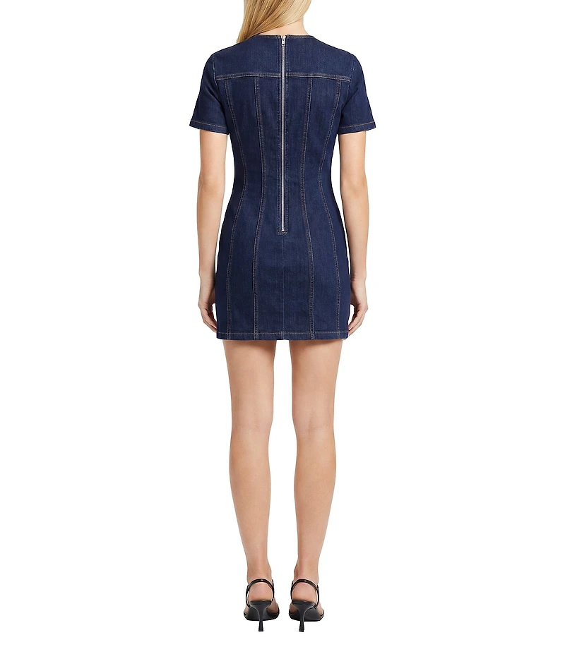 Maggy London Cotton Denim Short Sleeve Crew Neck Front Button Down Dress