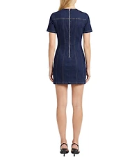 Maggy London Cotton Denim Short Sleeve Crew Neck Front Button Down Dress