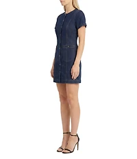 Maggy London Cotton Denim Short Sleeve Crew Neck Front Button Down Dress