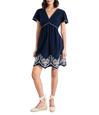 Maggy London Cotton Poplin Embroidered Trim Short Sleeve V-Neck Dress