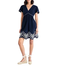Maggy London Cotton Poplin Embroidered Trim Short Sleeve V-Neck Dress