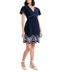 Maggy London Cotton Poplin Embroidered Trim Short Sleeve V-Neck Dress