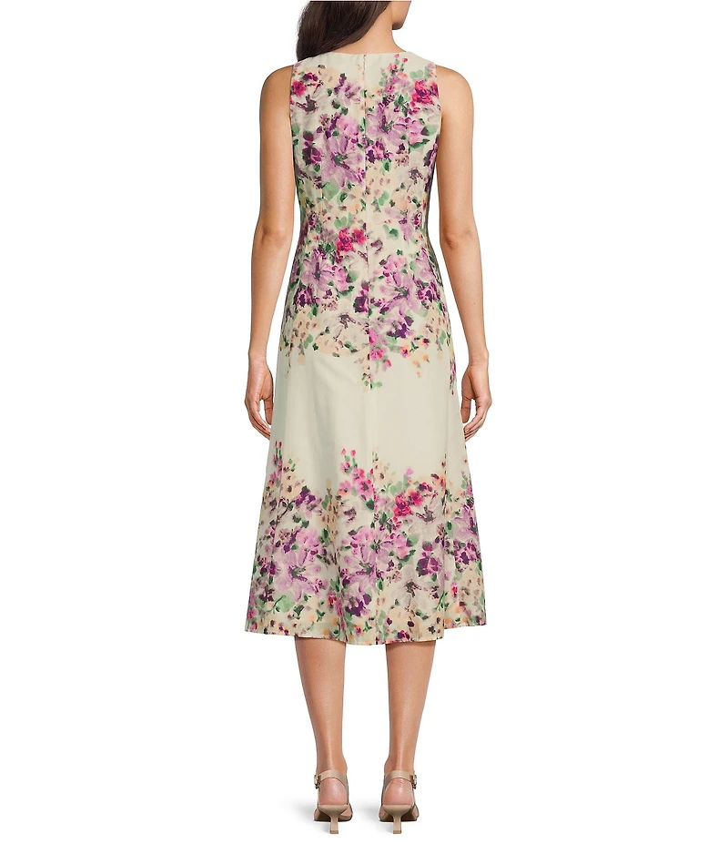 Maggy London Cotton Voile Floral Print Scoop Neck Sleeveless Fit and Flare Midi Dress