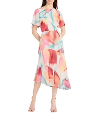 Maggy London Crew Neck Short Sleeve Abstract Floral Print Asymmetrical Hem Midi Dress
