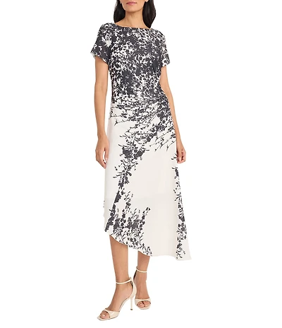 Maggy London Crew Neck Short Sleeve Printed Georgette Sheath Midi Dress