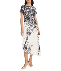 Maggy London Crew Neck Short Sleeve Printed Georgette Sheath Midi Dress