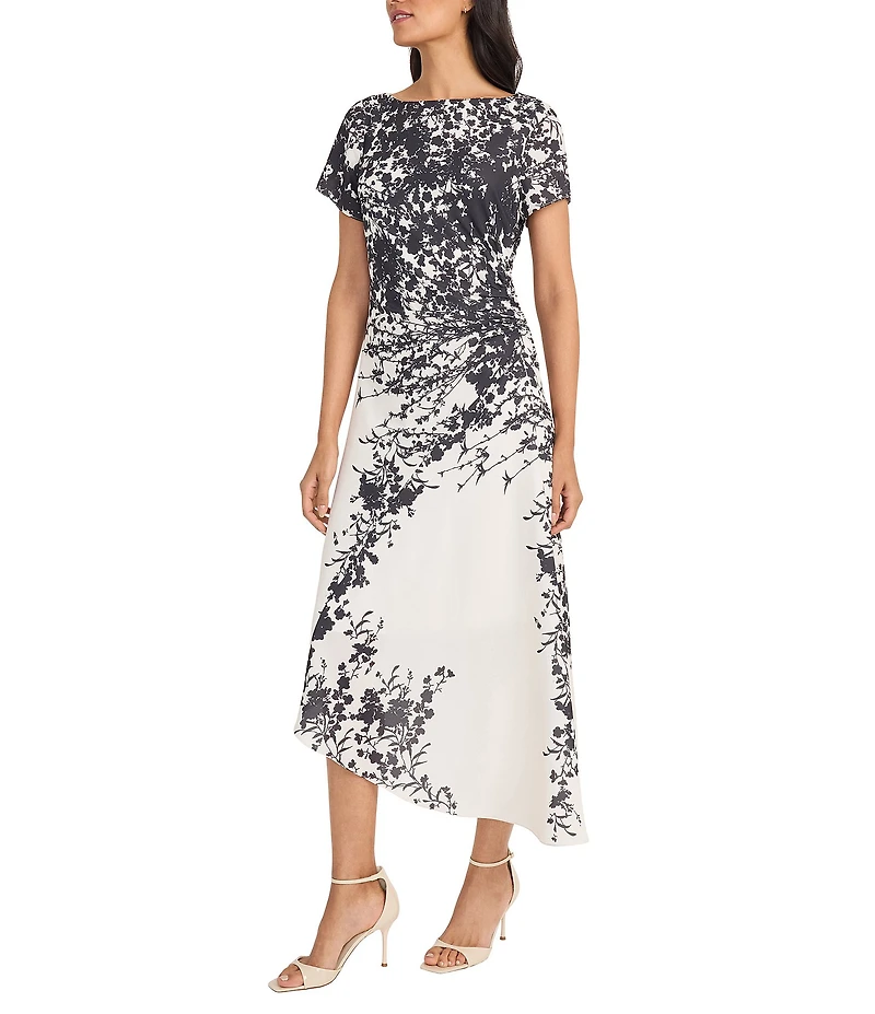 Maggy London Crew Neck Short Sleeve Printed Georgette Sheath Midi Dress